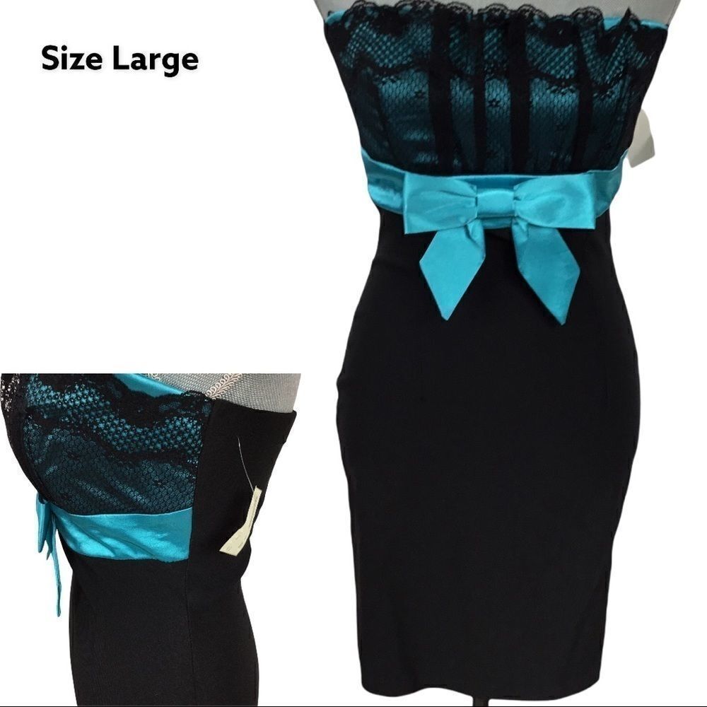 NWT Mystic Black, Strapless, Turquoise Bow, Size Large